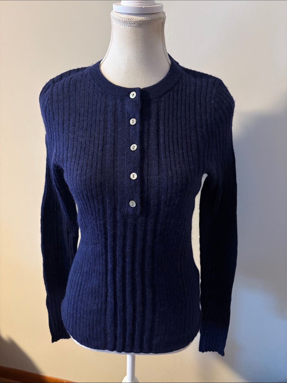 NWT Madewell Alpaca Blend Navy Ribbed Crewneck Button-Placket Sweater. Size Med